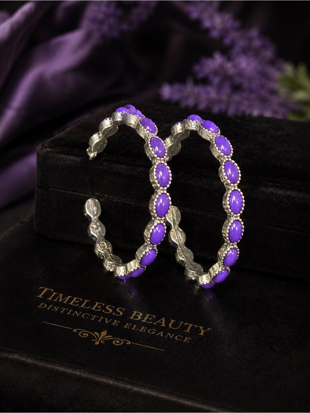 Purple Turquoise and Silver Hoop Earrings